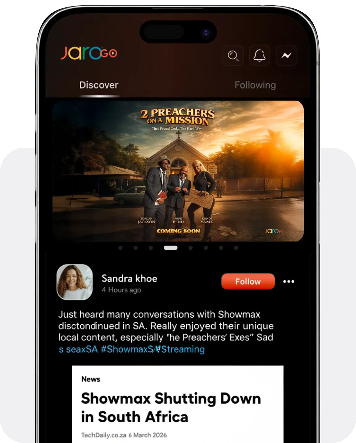 JaroGO mobile app showing the Discover feed and creator posts