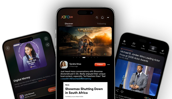 JaroGO app on three phones showing Discover feed, podcast, and news screens