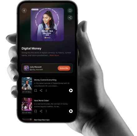 Hand holding a phone playing a JaroGO podcast